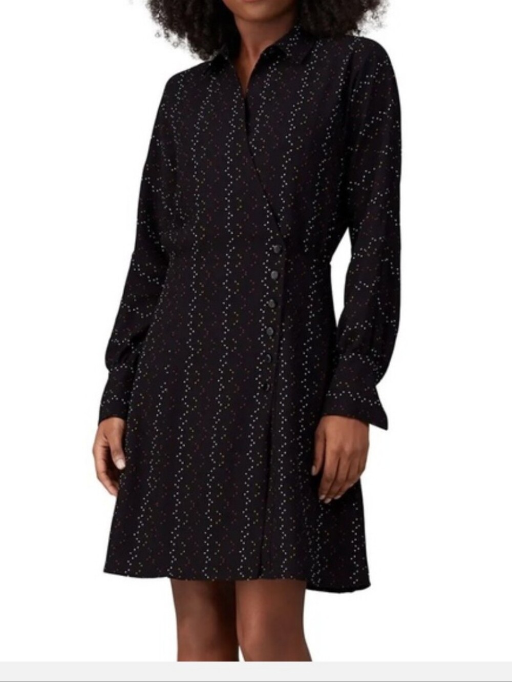 Equipment Black Long-Sleeve Shirt Dress with Subtle Multicolor Dots